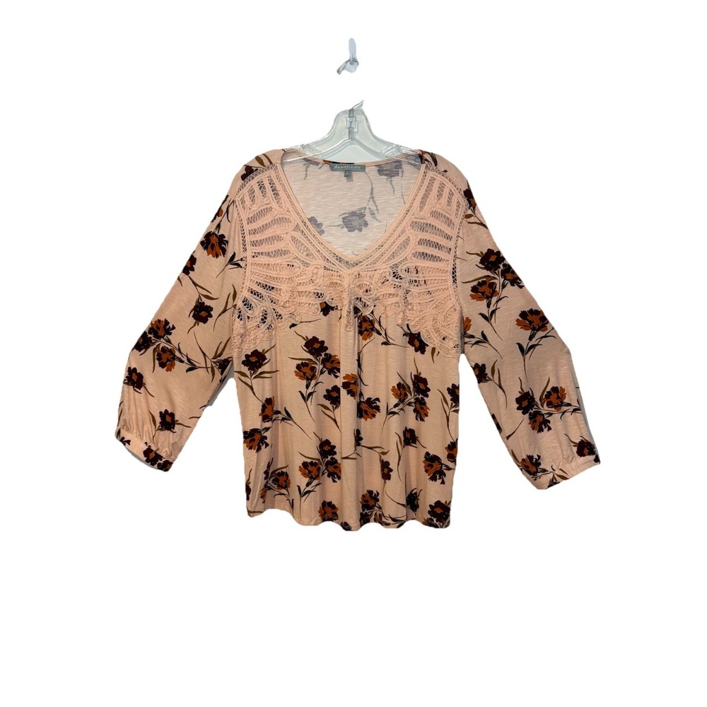 Daniel Rainn Orange Floral Top Women's XL Shirt Crotchet Lace Trim Blouse Top